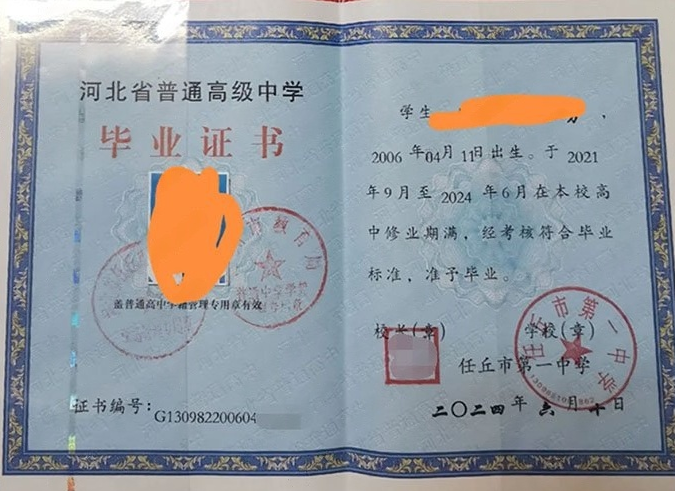 清城任丘市第一中学高中毕业证样本图片